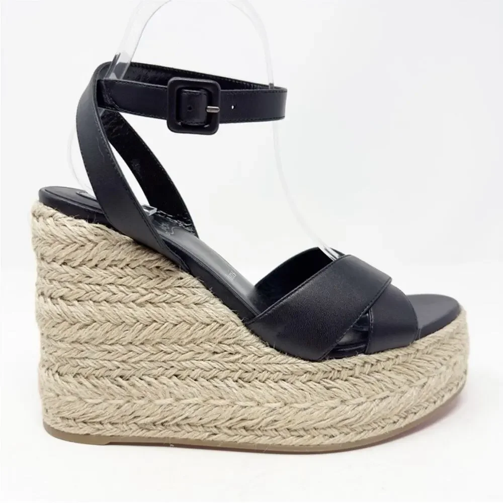 Christian Louboutin Mariza Zeppa Black Leather Wedge Sandals Womens Size EU 37